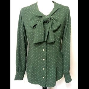 Pussy Bow Tie Neck Misses Print Blouse Top